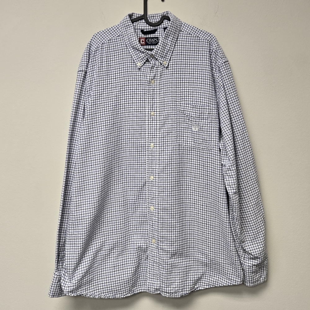 Chaps Cotton Button Down Dress Shirt Long Sleeve Blue White Gingham XXL